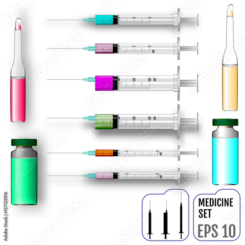 Medicine set. Realistic syringes, ampoules and jars with vaccine. Vector illustration