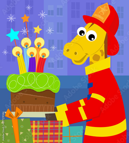 Fireman Birthday Card - A fireman giraffe is holding a birthday cake with colorful candles. Eps10