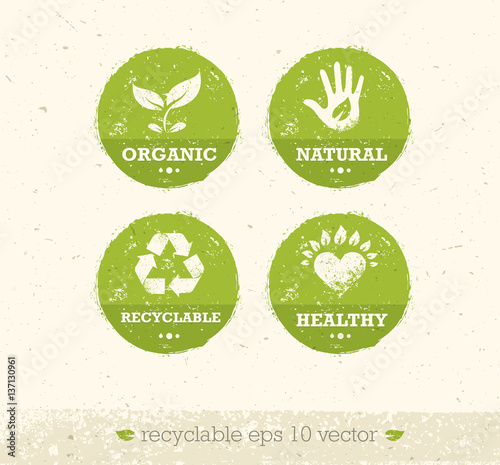 Go Green Recycle Reduce Reuse Eco Poster Concept. Vector Creative Organic Illustration On Rough Background