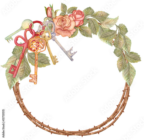 Принти на полотні Watercolor rose wreath with keys, housewarming
