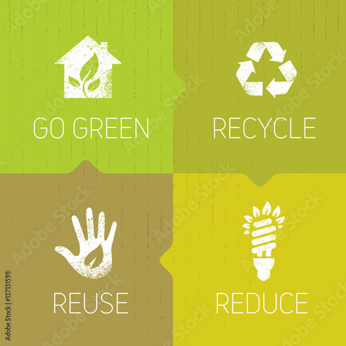 Go Green Recycle Reduce Reuse Eco Poster Concept. Vector Creative Organic Illustration On Rough Background