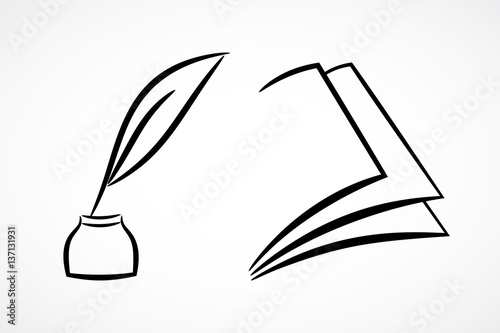Writer contour symbol with book, ink pot and pen