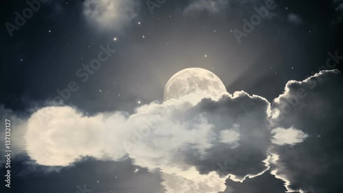 Starry night sky with clouds and full moon. Water reflection effect