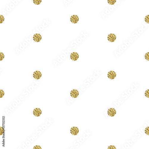 Gold foil shimmer glitter polkadot white seamless pattern. Vector shimmer abstract circles golden texture. Sparkle shiny balls background.