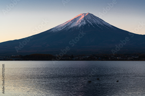 Morning light of mount Fuji reflection with Kawaguchiko lake