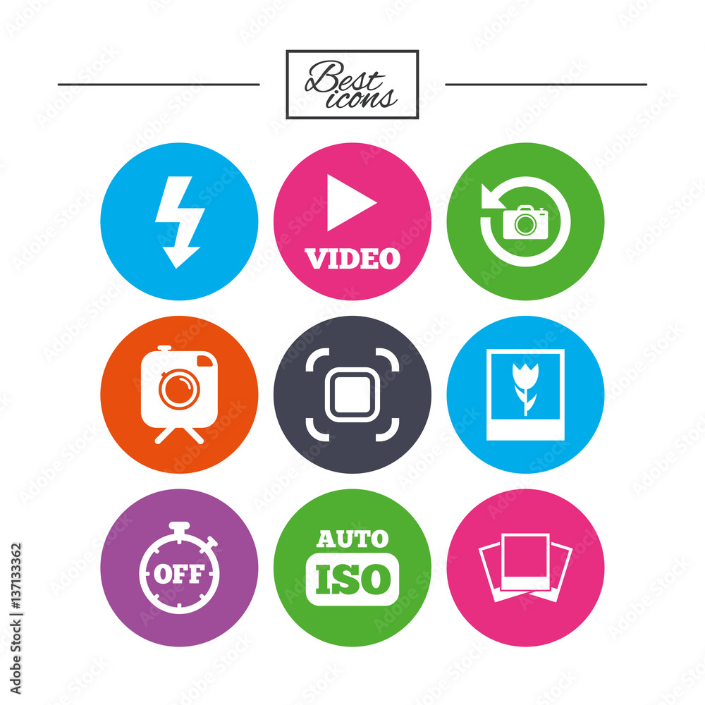 Photo, video icons. Camera, photos and frame. Photo, video icons. Camera, photos and frame.