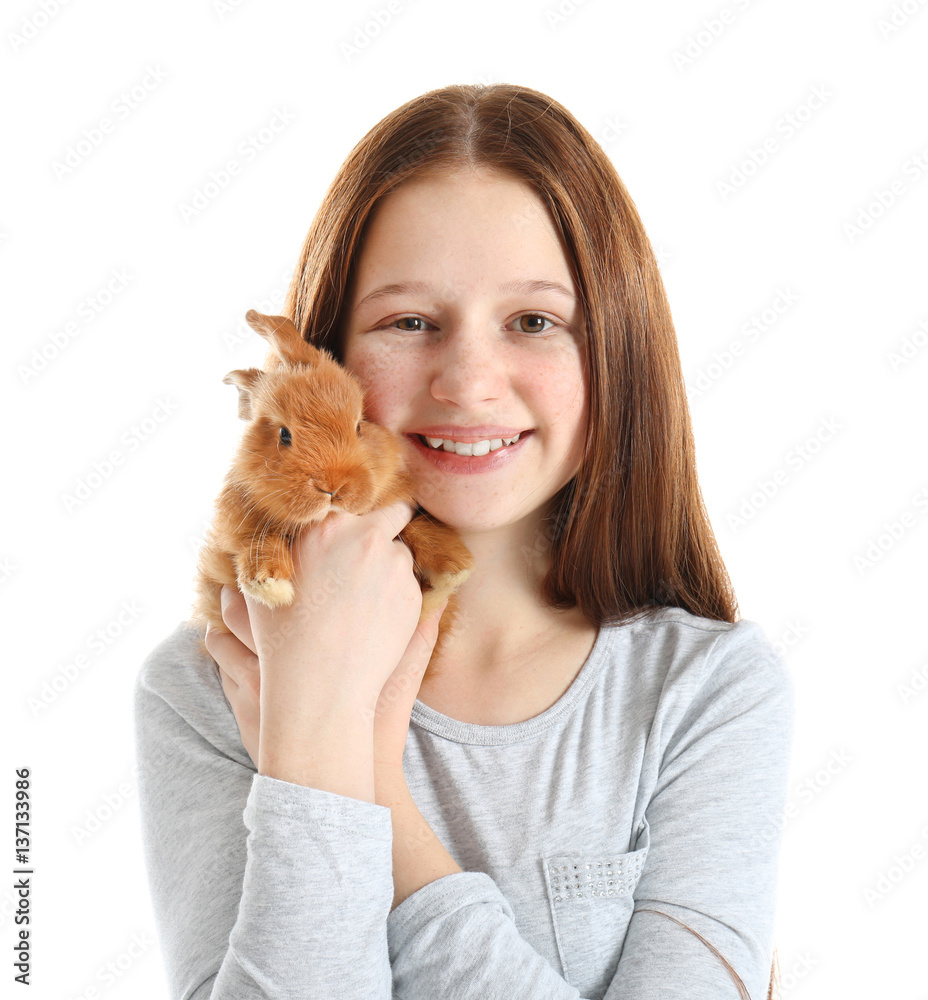 Cute girl holding small rabbit on white background Cute girl holding small rabbit on white background