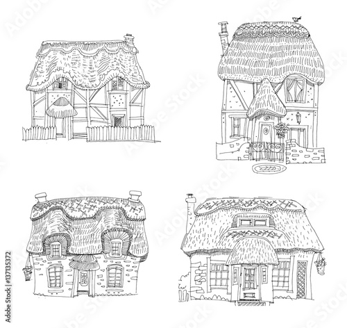 straw covered traditional vintage house - cartoon