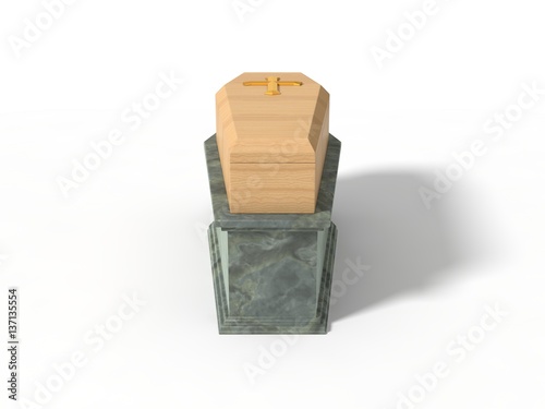 simple wooden coffin on marble platform