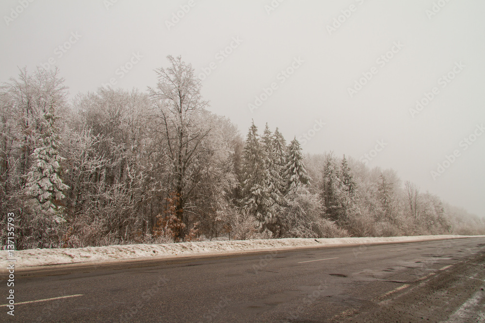 The road from Colomiy to Tismenitsa in Ivano-Frankivsk region of Ukraine. February 2013