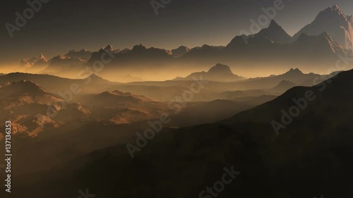 Sunset on Mars. Mars mountains, view from the valley after dust storm