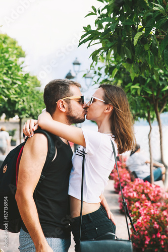 Kissing couple in Gargnano at Lake Garda  Italy  Europe.