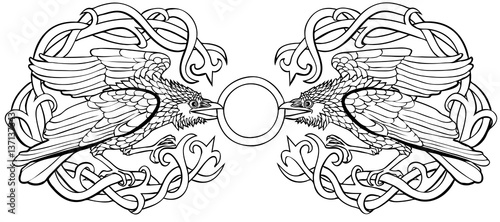 Vector illustration of celtic ravens cloak clasp black and white