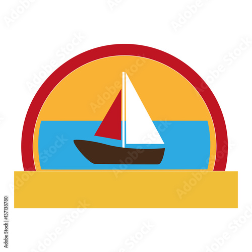 half circular border with colorful landscape with yacht vector illustration
