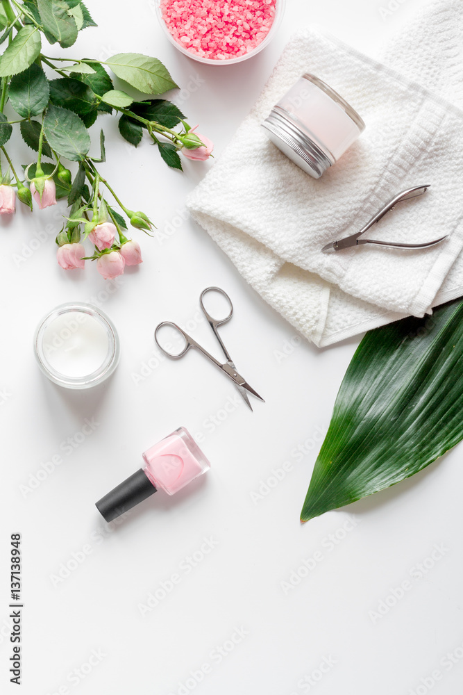 salt and cream for nail care in spa top view salt and cream for nail care in spa top view