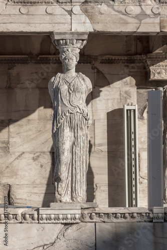 The Porch of the Caryatids in The Erechtheion an ancient Greek temple on the north side of the Acropolis of Athens, Attica, Greece