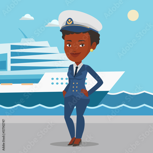 Smiling ship captain in uniform at the port.