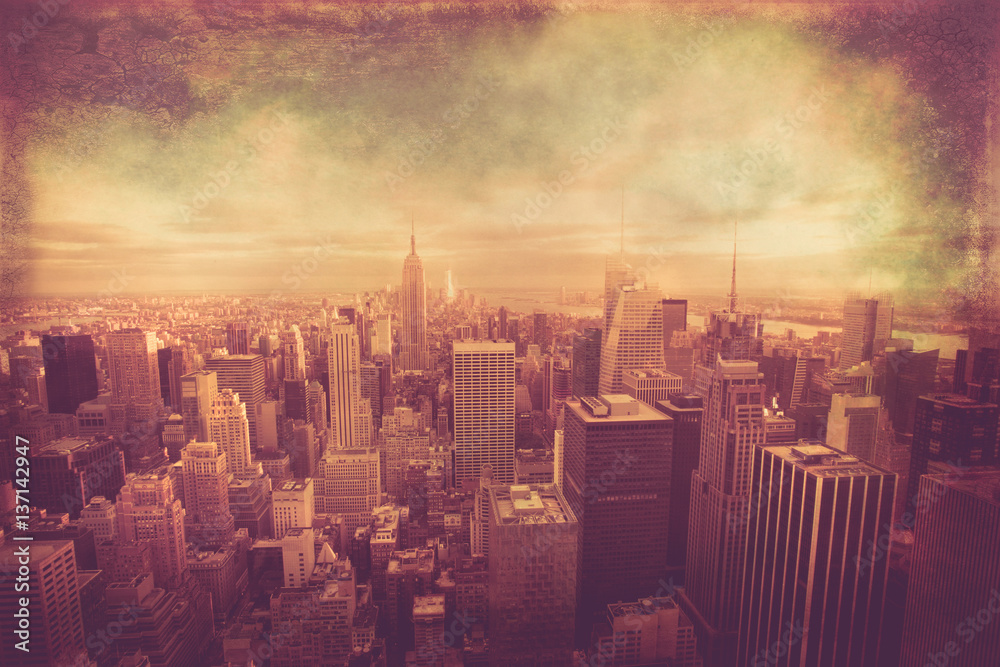 New York City skyline view across Manhattan with vintage texture effect