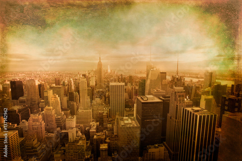 New York City skyline view across Manhattan with vintage texture effect