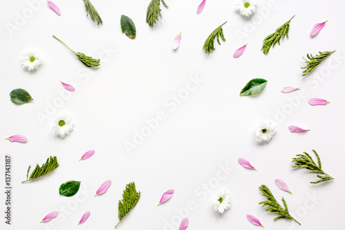 Herbal pattern with petals on white background top view mock up photo