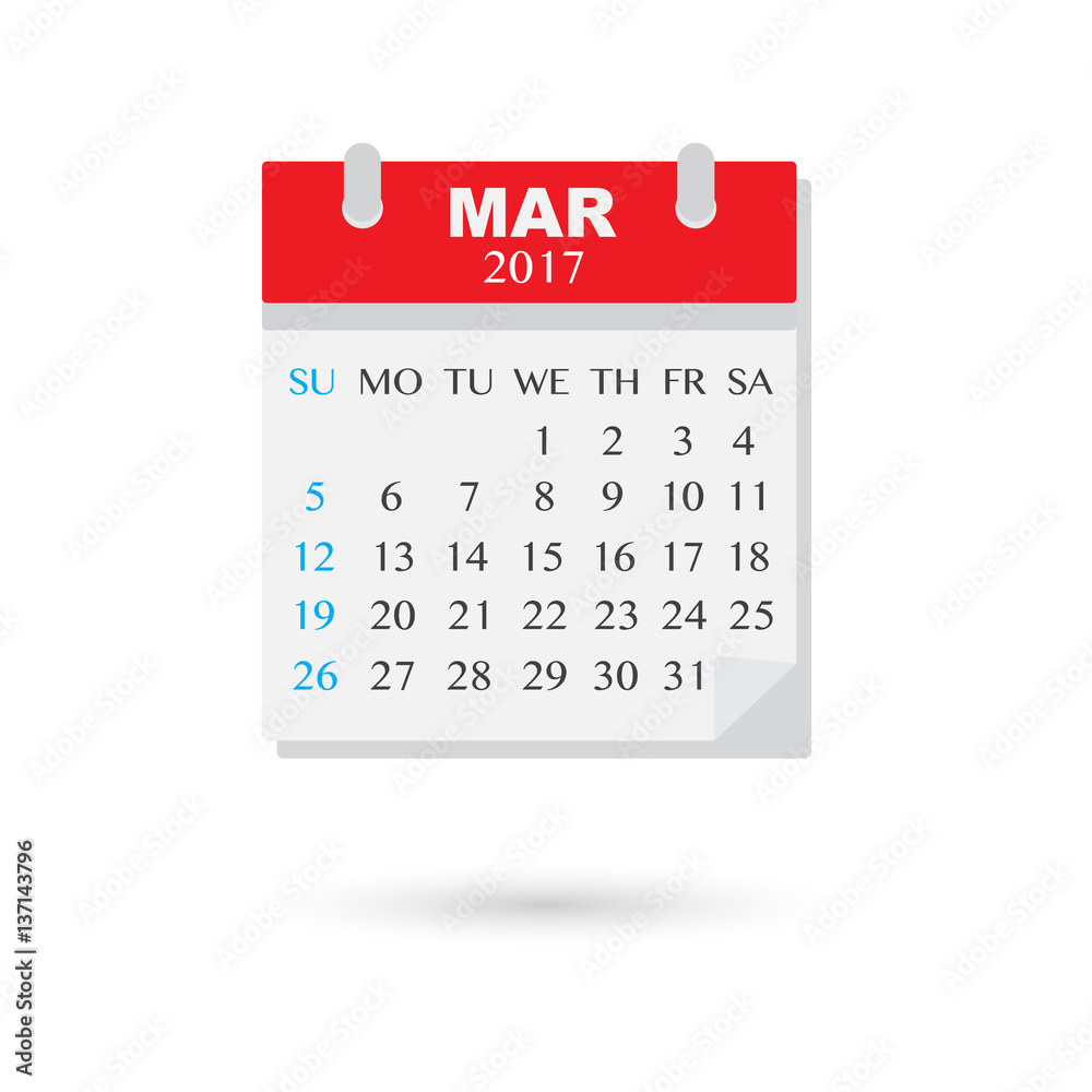 March 2017 Calendar vector illustration with shadow Stock Vector