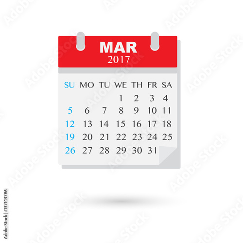 March 2017. Calendar vector illustration with shadow