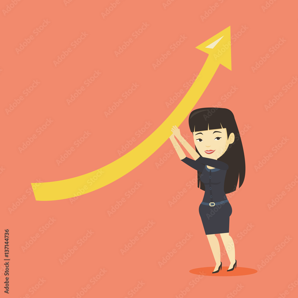 Business woman holding arrow going up. Business woman holding arrow going up.