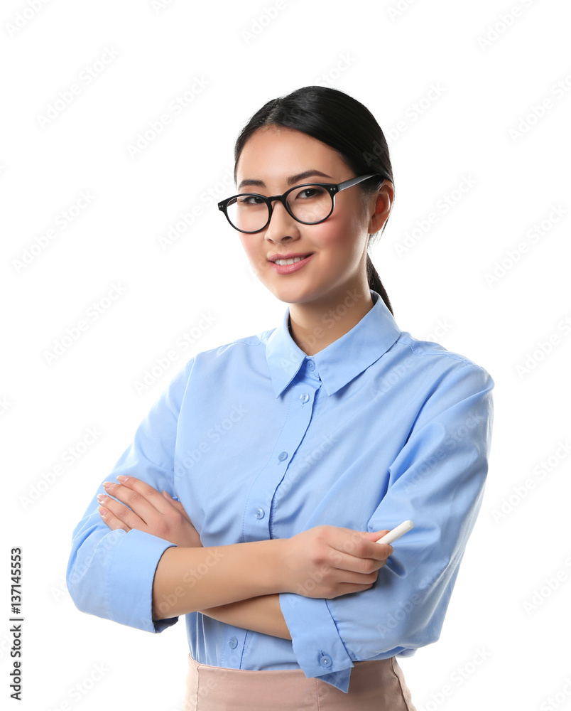 Portrait of Asian female teacher isolated on white Portrait of Asian female teacher isolated on white