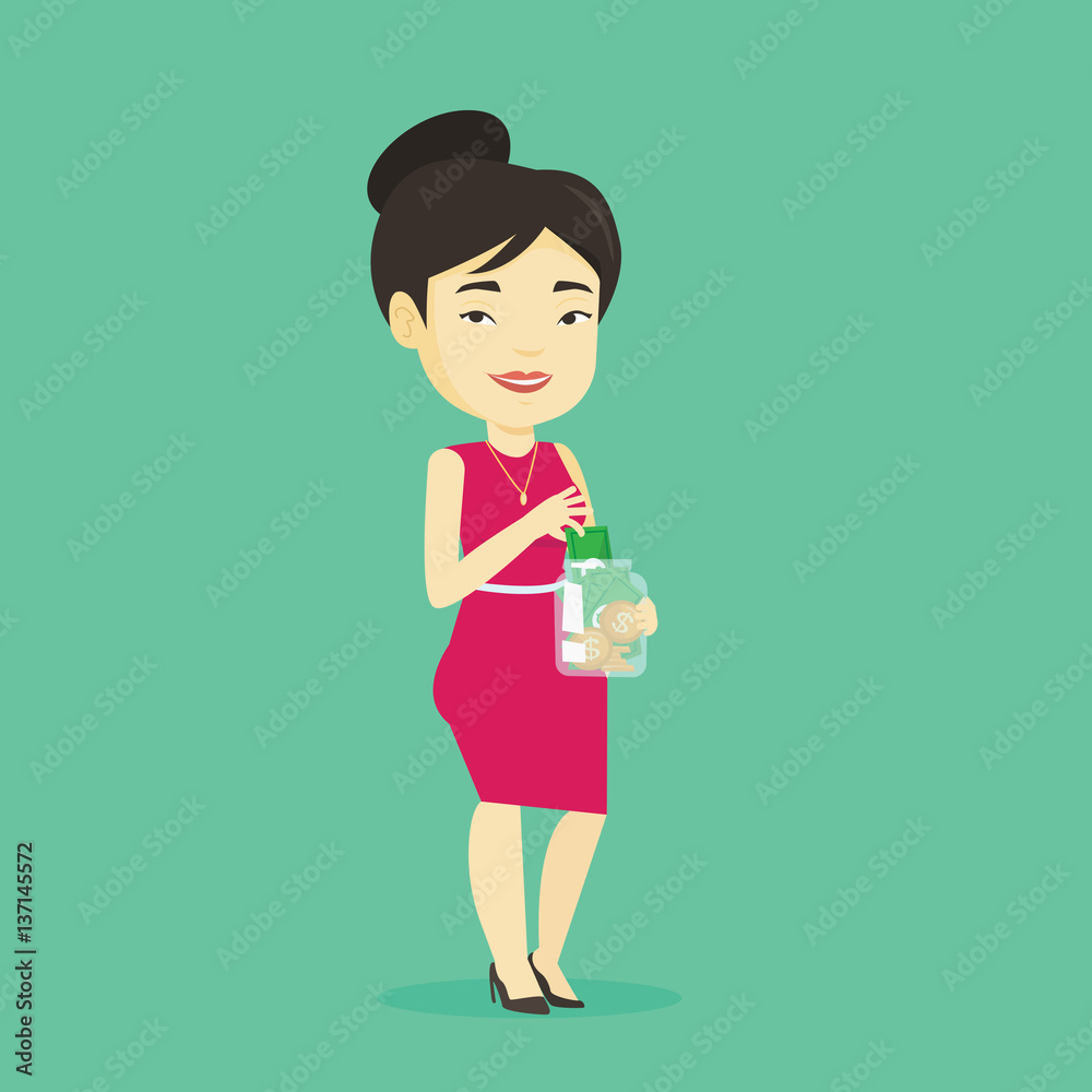 Woman putting dollar money into glass jar. Woman putting dollar money into glass jar.