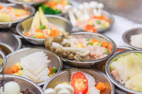 Various kinds of dim sum including dumplings  traditional chinese food. a kind of local breakfast of Chinese-Thai people who live in Southern part of Thailand