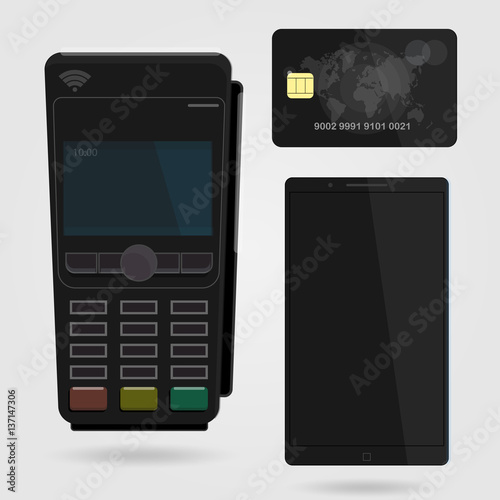 Pos terminal confirms the payment by debit credit card. Nfc payments concept.