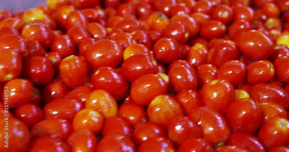 In A of tomatoes Industry, the tomatoes are transported on a belt and are washed with water to clean them from the earth, the water washes the tomatoes then send them forward in the production cycle.