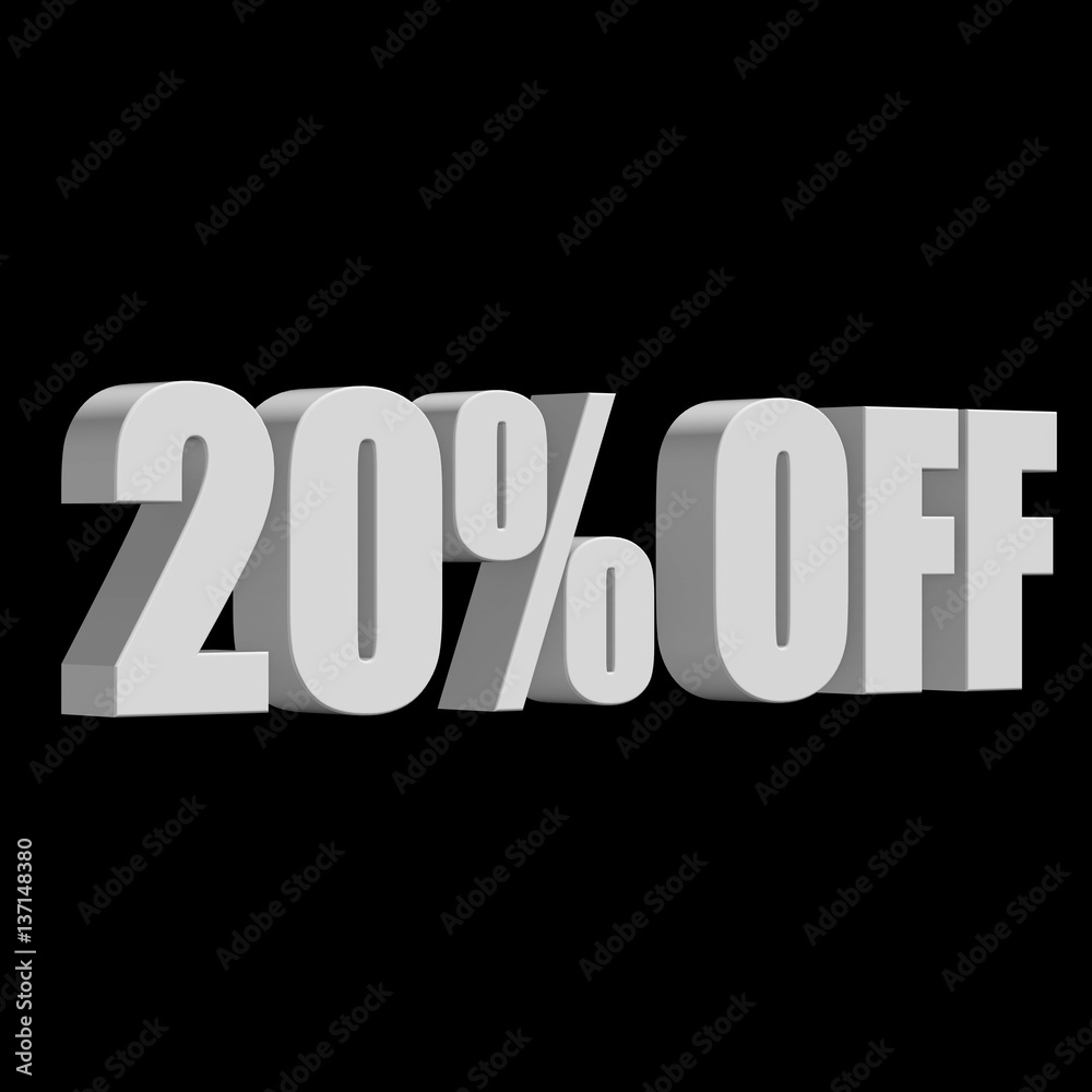 20 percent off letters on black background. 3d render isolated. 20 percent off letters on black background. 3d render isolated.