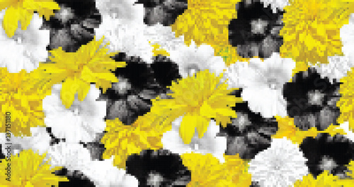 Yellow, black, white seamless realistic flower mosaic.EPS 8  Bright flower pattern. You may use it as fabric design. Rudbeckia and Mallow flowers.