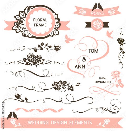 Set of calligraphic wedding design elements. Vector decorative hearts and flowers