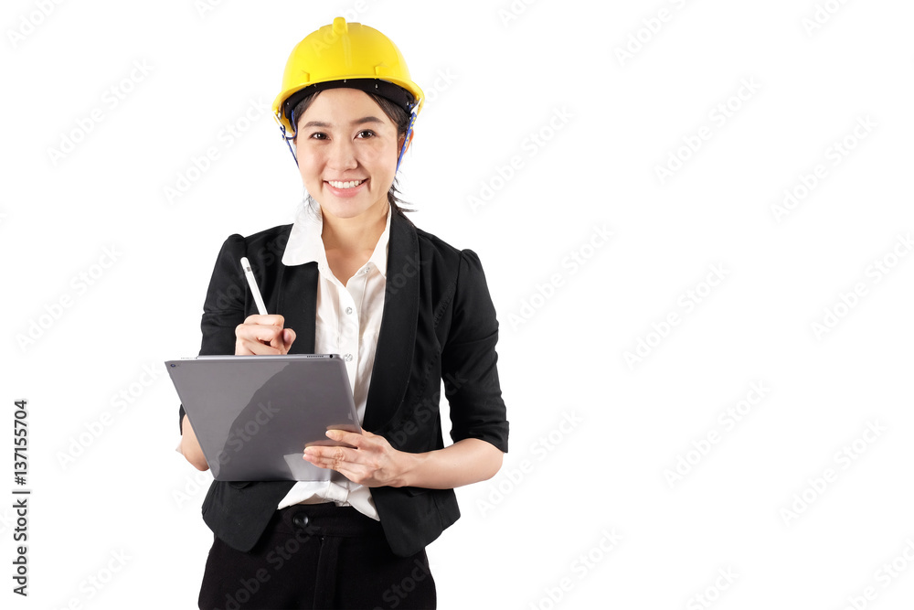 Young woman engineer holding digital tablet wtih smile isolated on white background Young woman engineer holding digital tablet wtih smile isolated on white background