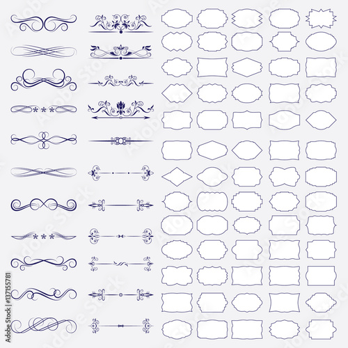 A large set of frames and dividers. Decorative elements isolated on grey background.
