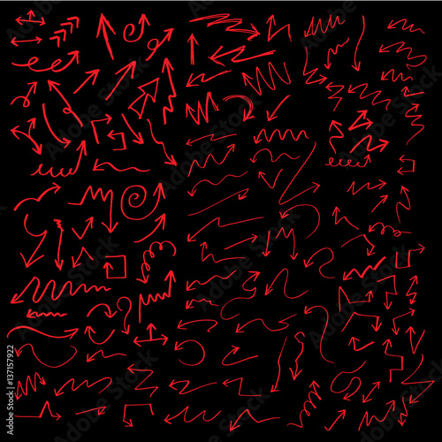 red Hand drawn arrow set collection of black direction pencil sketch symbols, vector illustration graphic design