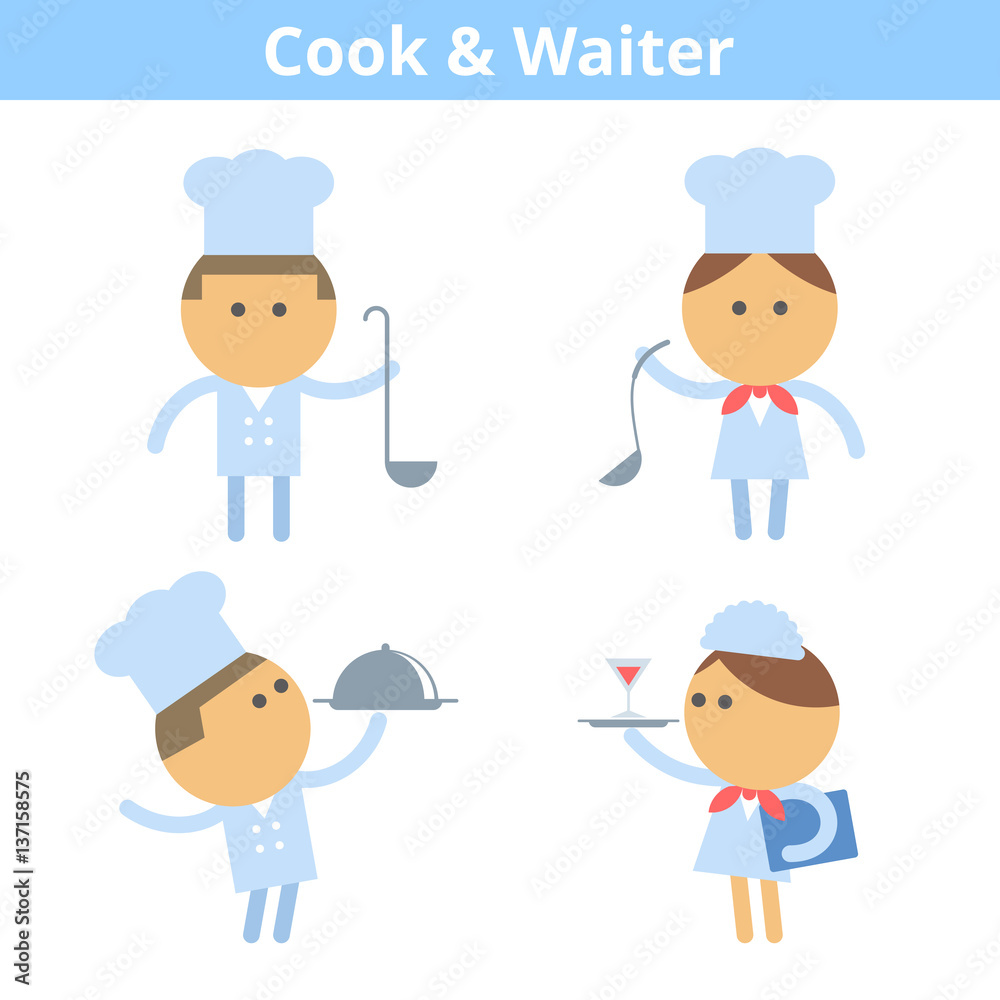 Occupations cartoon character set: cook, chef and waiter. Vector flat kitchen, restaurant, cooking professions userpic and icons. Collection for profiles, web design, social networks and infographics. Occupations cartoon character set: cook, chef and waiter. Vector flat kitchen, restaurant, cooking professions userpic and icons. Collection for profiles, web design, social networks and infographics.