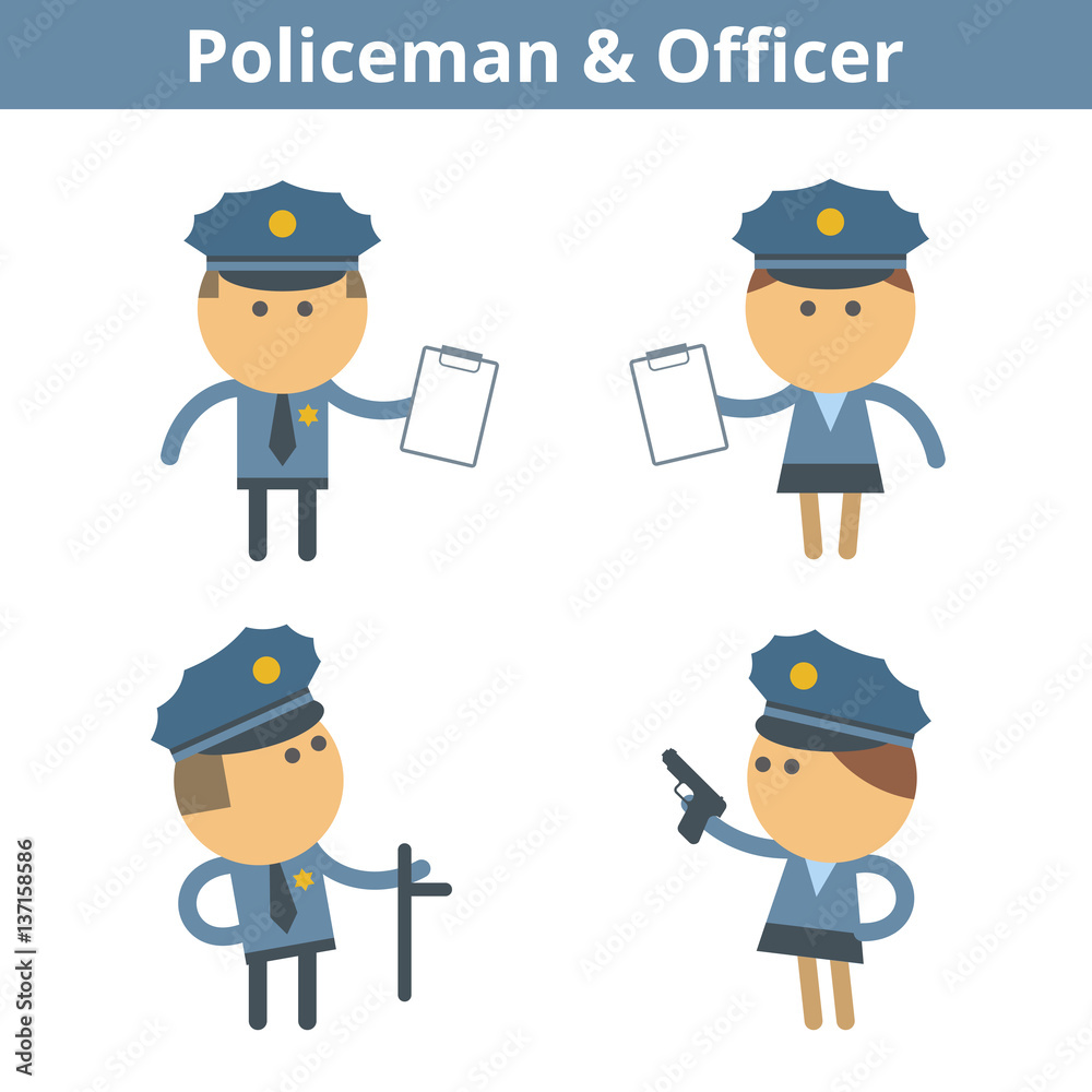 Occupations cartoon character set: policeman, cop and officer. Vector flat security, law, guard professions userpic and icons. Collection for profiles, web design, social networks and infographics.