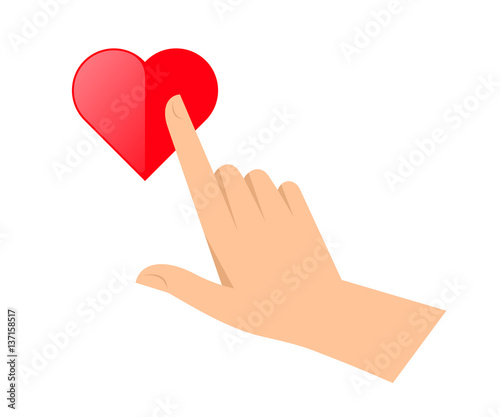 Human hand is clicking a like sign. Follower, favorite flat concept illustration. Symbol of red heart shape with pointing hand. Icon for web, social media, networks, infographic and presentations.
