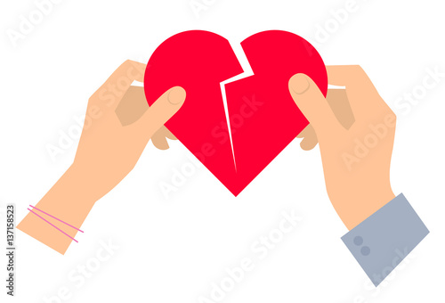 Male and female hands with broken red heart. Vector flat illustration of human hands and holding heart shape. Divorce, love, living together concept design. Element for presentation, web, infographic.