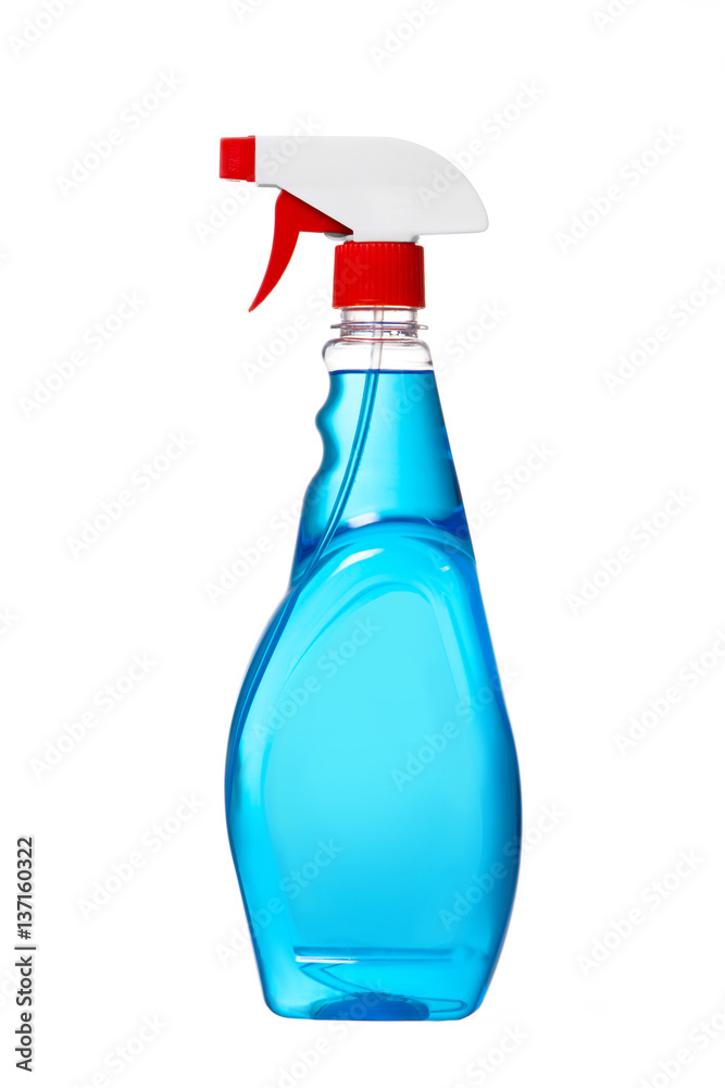 Window cleaner in plastic bottle with spray. Blue color window cleaner with red cap and sprayer Window cleaner in plastic bottle with spray. Blue color window cleaner with red cap and sprayer