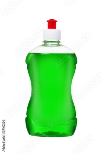 Dishwashing liquid detergent in plastic bottle. Green color dishwashing liquid photo