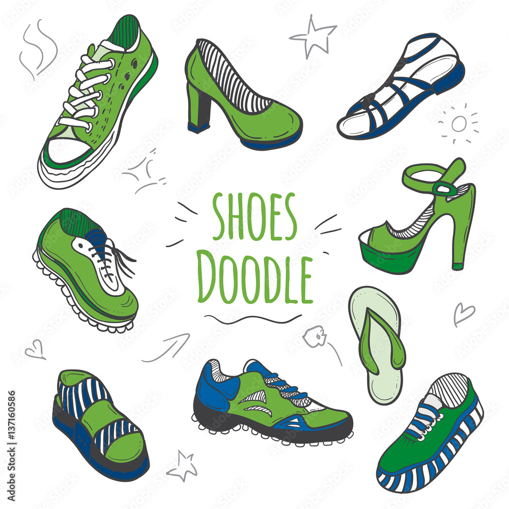 Boots color of the year 2017 doodle collection. Set of doodle shoes with  sneakers, loafers, flip flops and sandals.Vector greenery illustration.  Stock Vector | Adobe Stock