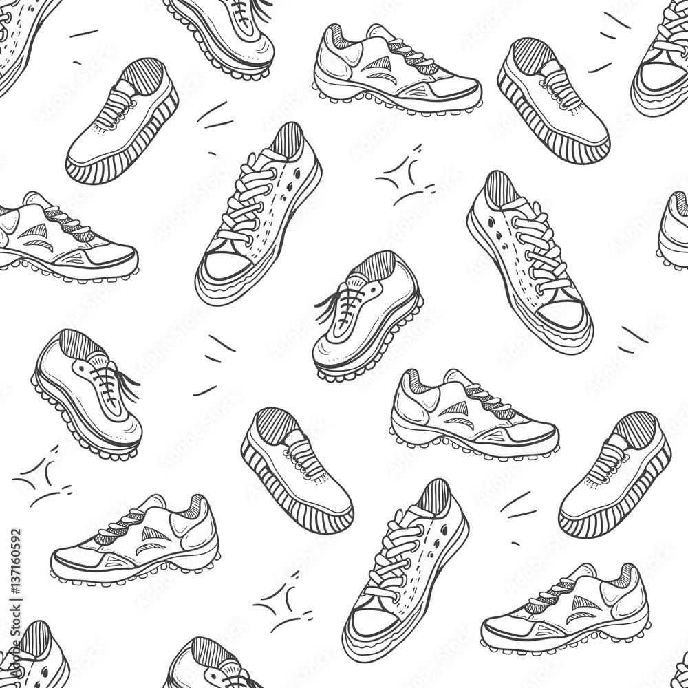 Boots doodle pattern. Background with doodle shoes with sneakers, loafers  and sport boots.Vector black and white illustration. Stock Vector | Adobe  Stock