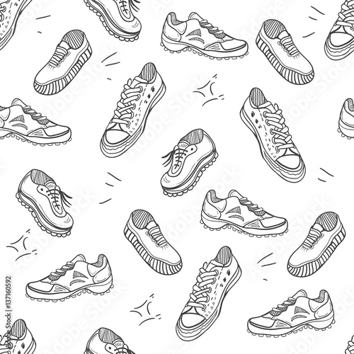 Boots doodle pattern. Background with doodle shoes with sneakers, loafers and sport boots.Vector black and white illustration.