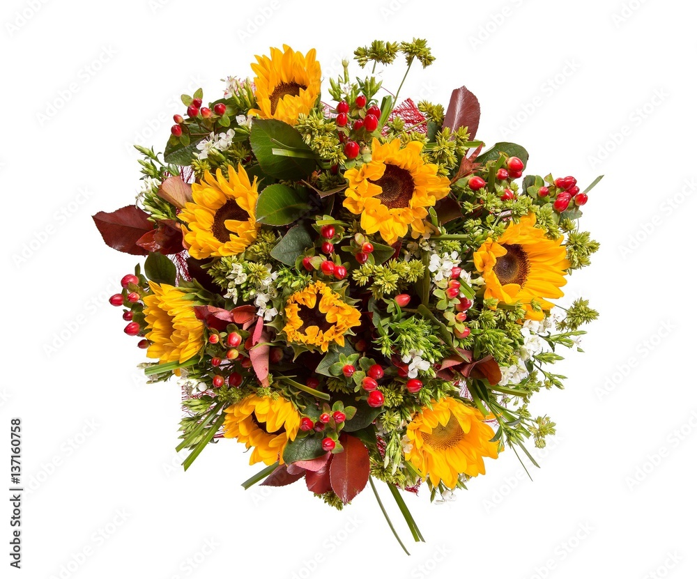 Obraz premium Bouquet of flowers top view on white background