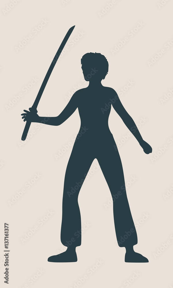 Karate martial art silhouette of woman in sword fight karate pose