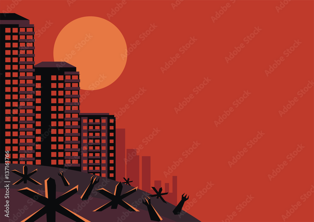 The city which has burned out, destroyed by bombings. Vector background. A template for an anti-war poster.